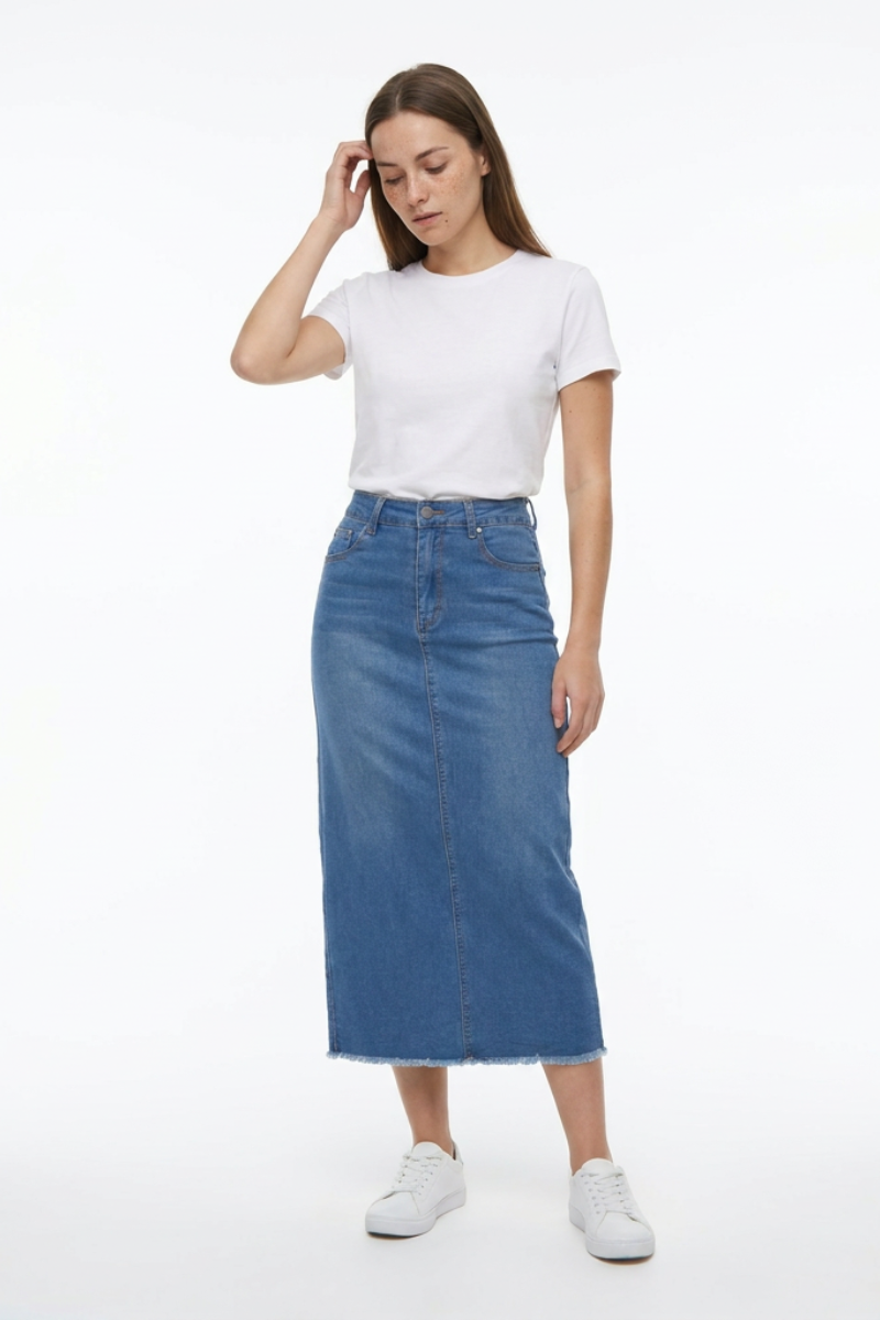 Women's High Waist Back Slit Denim Midi Skirt