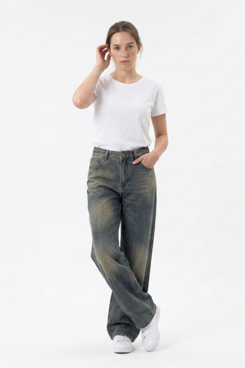 Women's 100% Cotton Vintage Wash Straight Leg Jeans