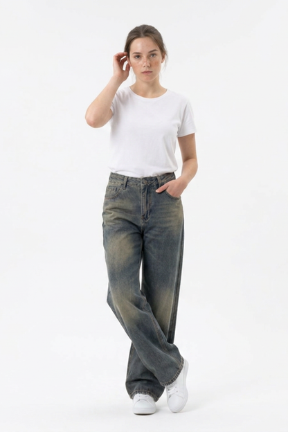 Women's 100% Cotton Vintage Wash Straight Leg Jeans