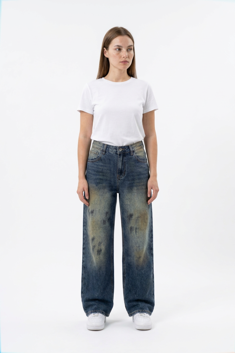Women's Vintage Wash High Waist Straight Wide Leg Jeans