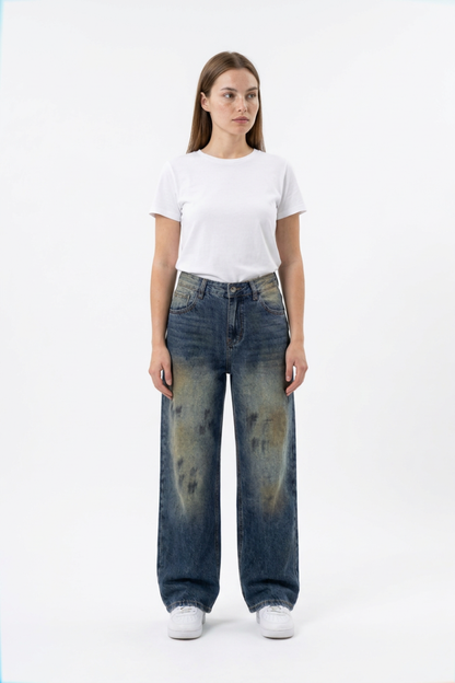 Women's Vintage Wash High Waist Straight Wide Leg Jeans
