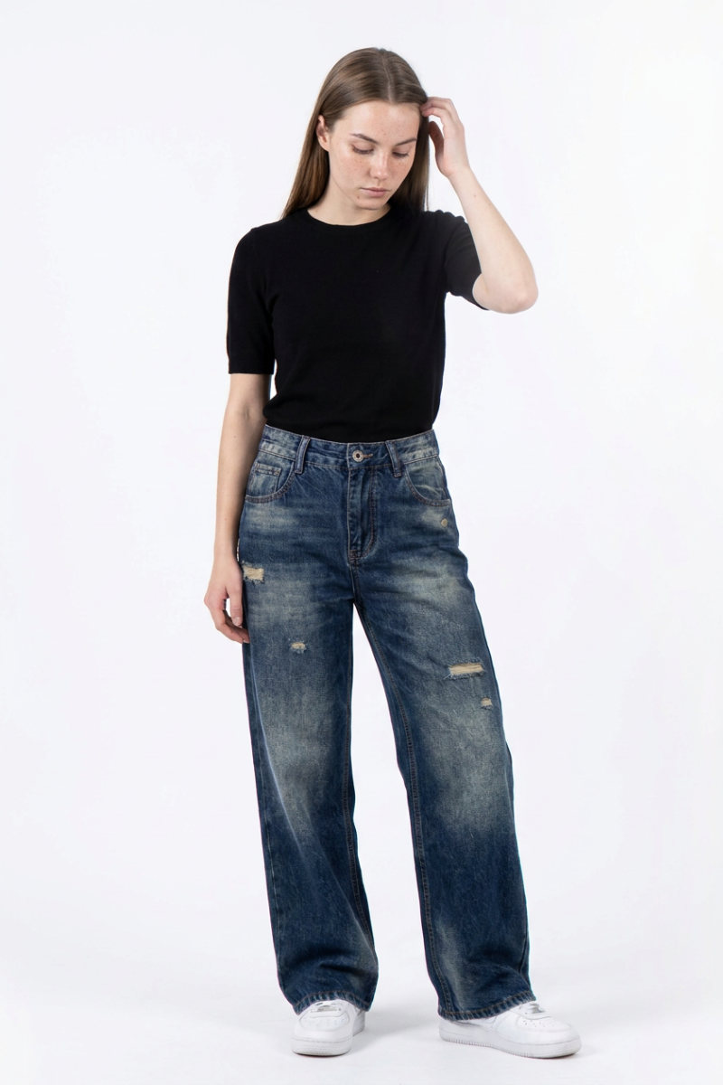 Women's Distressed High Waist Wide Leg Jeans