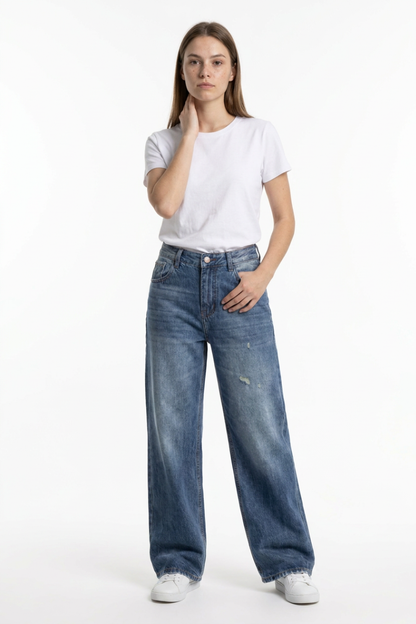 Women's Distressed High Waist Wide Leg Jeans