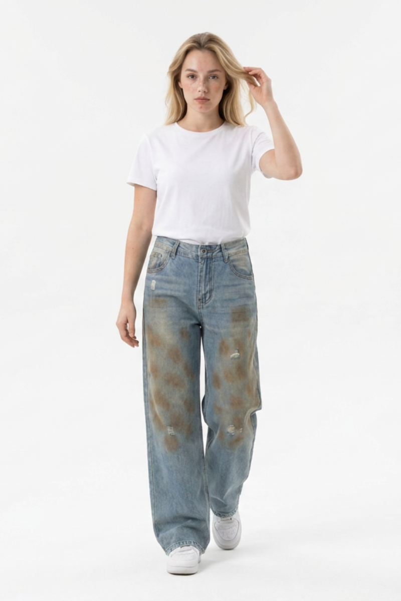Women's Multi-Layer Dirty Wash High Waist Wide Leg Jeans