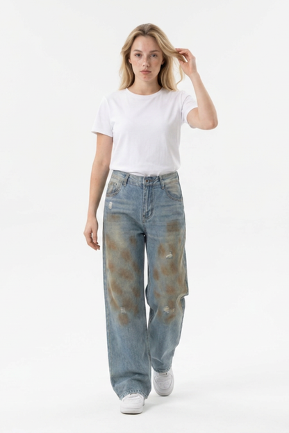 Women's Multi-Layer Dirty Wash High Waist Wide Leg Jeans