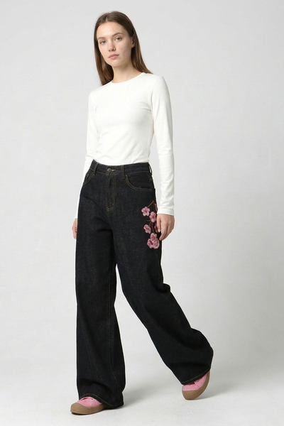 Women's Floral Embroidered High Waist Wide Leg Jeans