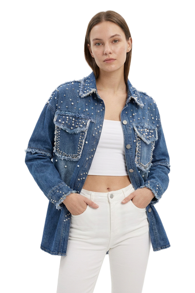 Women's Pearl Embellished Oversized Wash Denim Jacket