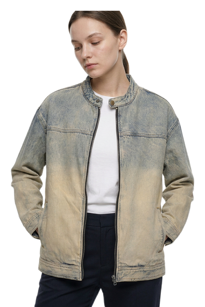 Women's Washed Stand Collar Zip-Up Vintage Denim Jacket