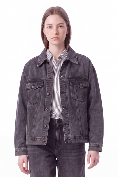 Women's Washed Black Grey Classic Denim Jacket