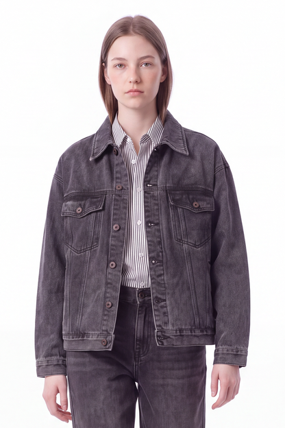 Women's Washed Black Grey Classic Denim Jacket
