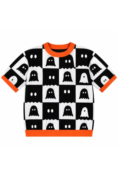 Women Fall Halloween Ghost Checkerboard Short Sleeve Top