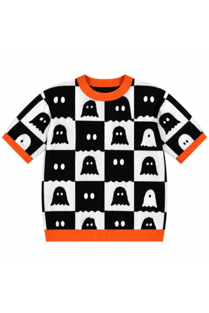 Women Fall Halloween Ghost Checkerboard Short Sleeve Top