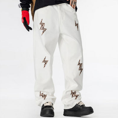 Men's Spring White Leopard Lightning Embroidery Jeans