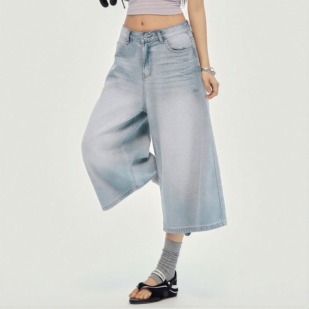 Women's Summer Gradient Washed Wide-Leg Denim Capri Pants