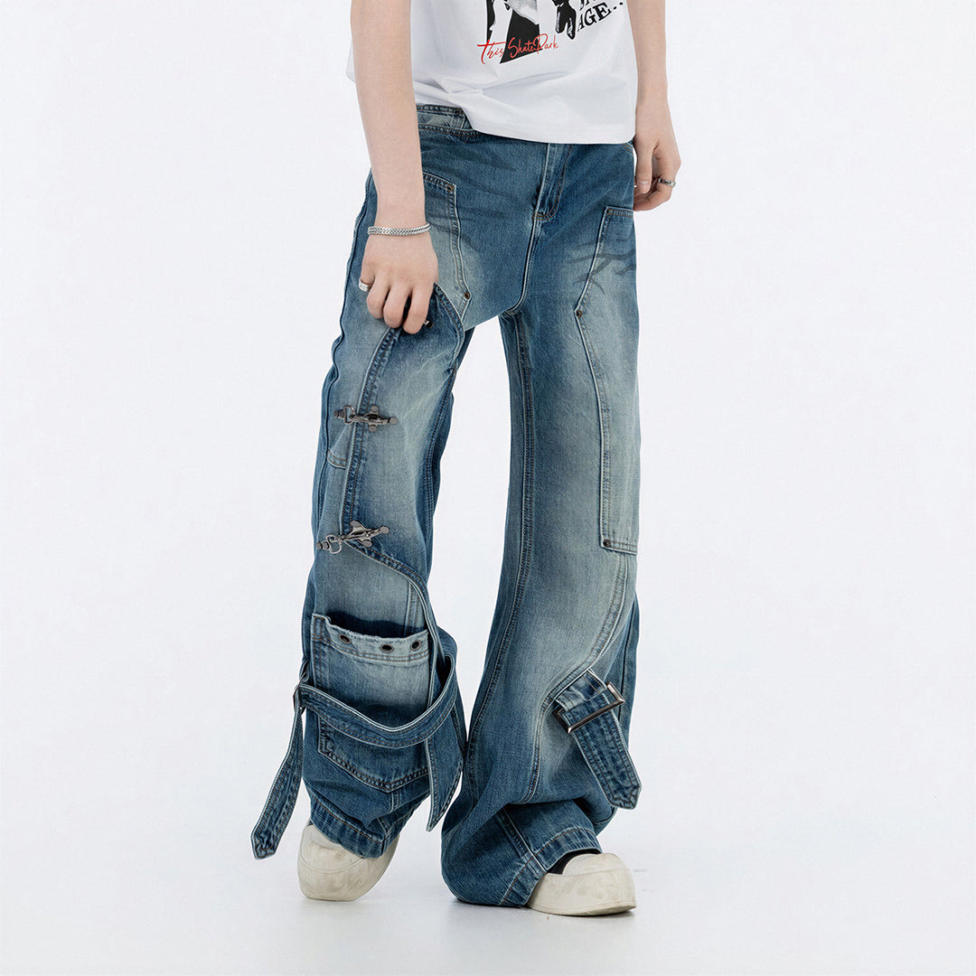 Men's Spring Deconstructed Metal Buckle Cargo Denim Jeans