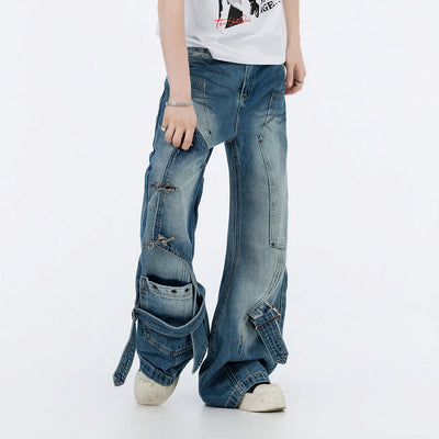 Men's Spring Deconstructed Metal Buckle Cargo Denim Jeans