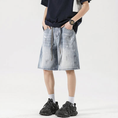 Men's Summer Light Wash Splash Ink Drawstring Denim Shorts