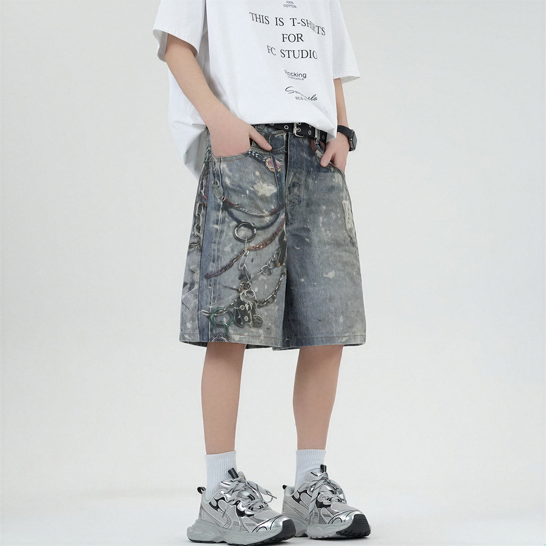 Men's Summer Vintage Washed Chain Print Baggy Denim Shorts