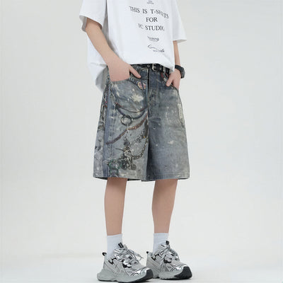 Men's Summer Vintage Washed Chain Print Baggy Denim Shorts