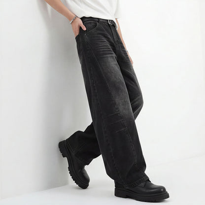 Men's Spring Black Gray Washed Cat Whisker Baggy Denim Jeans
