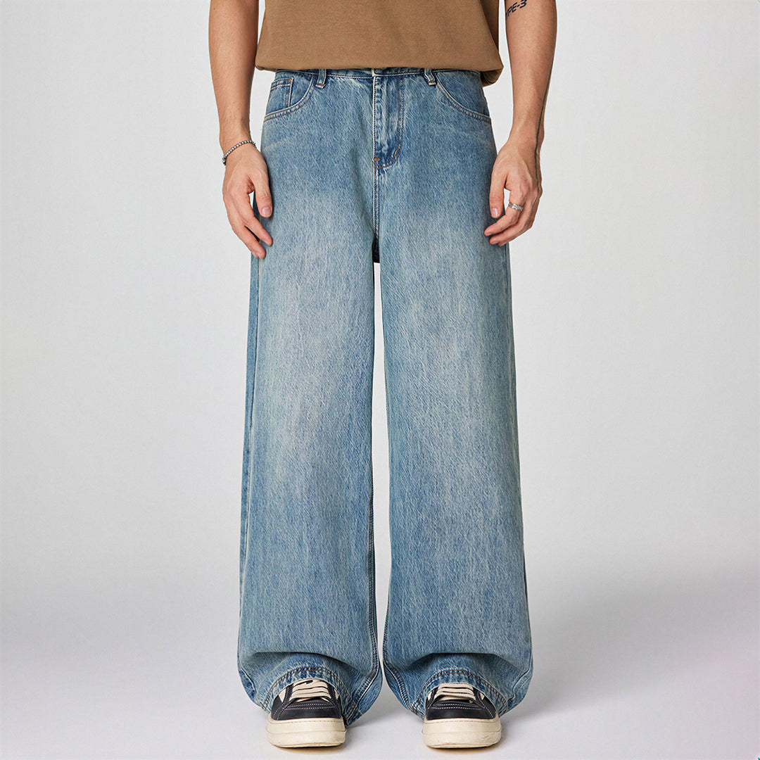 Men's Spring Light Blue Vintage Washed Wide-Leg Denim Jeans