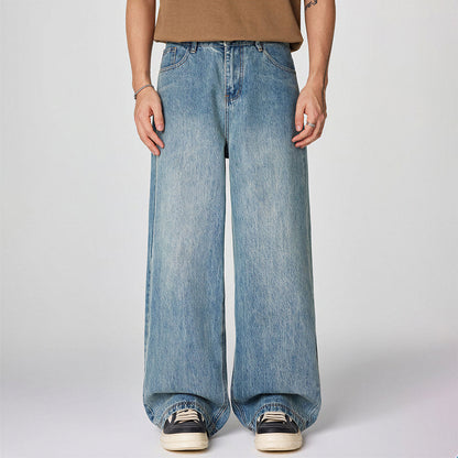Men's Spring Light Blue Vintage Washed Wide-Leg Denim Jeans