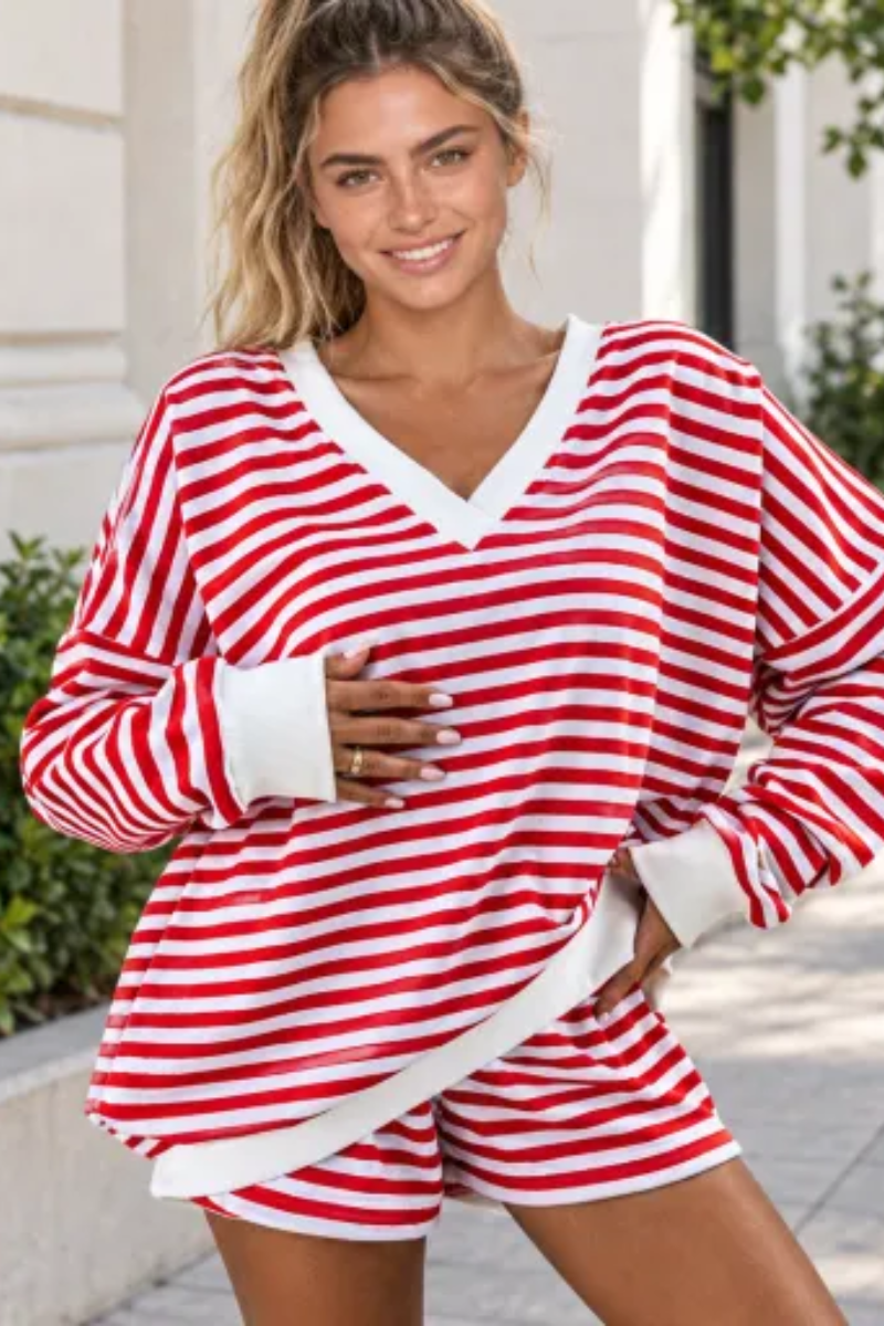 Women Spring Striped V Neck Lounge Top and Shorts Set