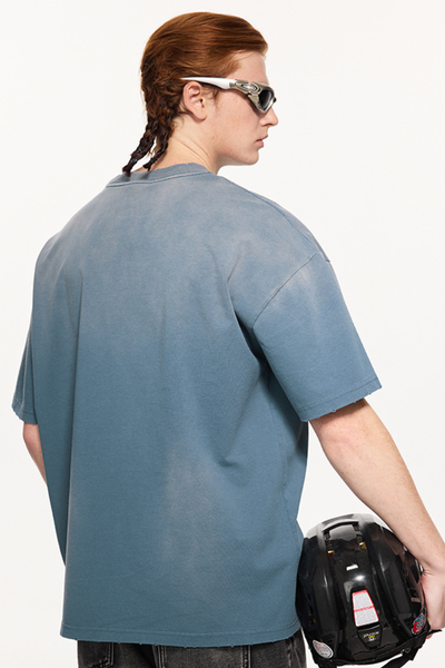 Men's 270g Cotton Spray Fade Mock Neck Washed Distressed Tee