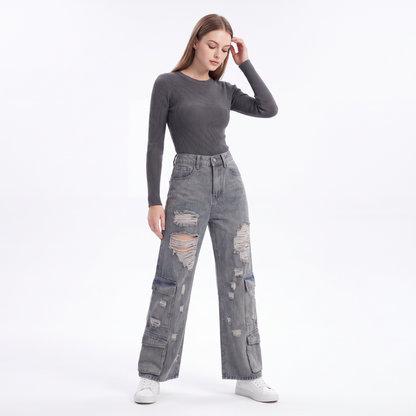 Women's Vintage High Waist Distressed Wide Leg Cargo Jeans