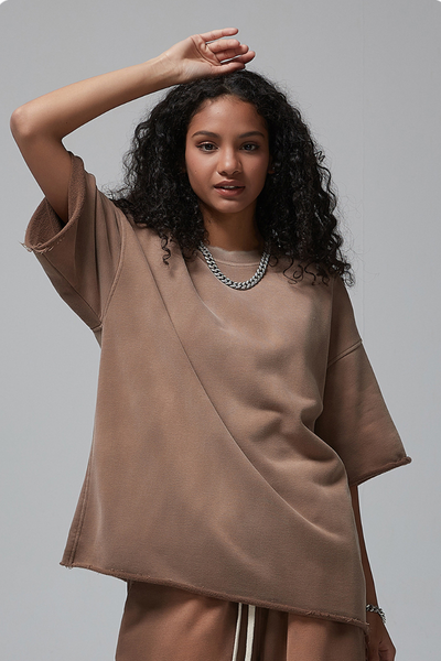 Unisex Streetwear Washed Distressed Curled Hem T-shirt