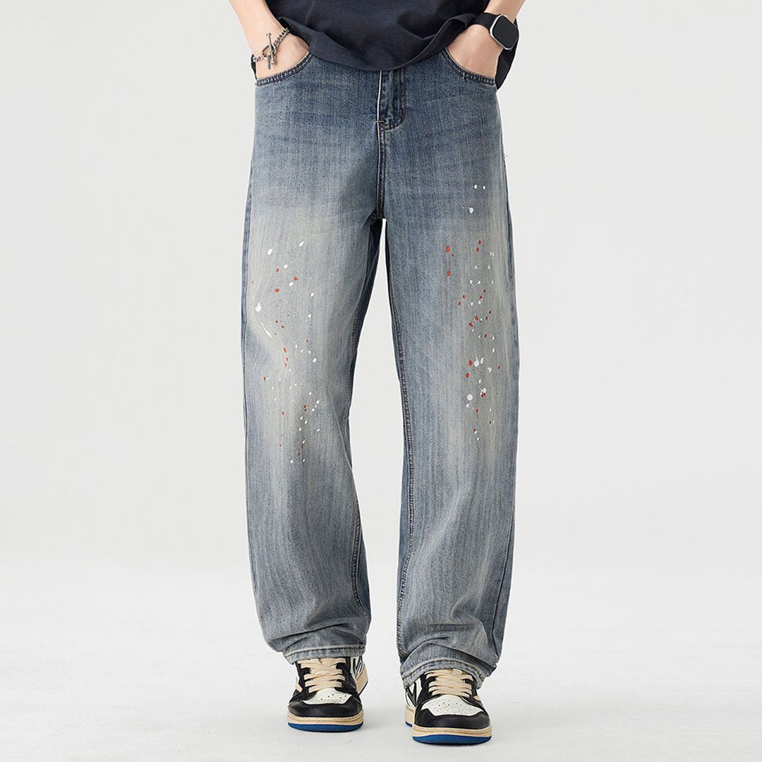Men's Spring Light Blue Washed Splatter Paint Straight Jeans