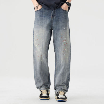 Men's Spring Light Blue Washed Splatter Paint Straight Jeans