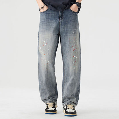 Men's Spring Light Blue Washed Splatter Paint Straight Jeans