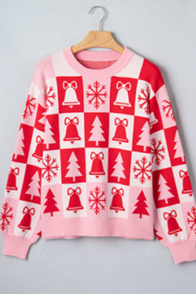 Women's Christmas Plaid Crew Neck Long Sleeve Pullover Sweater