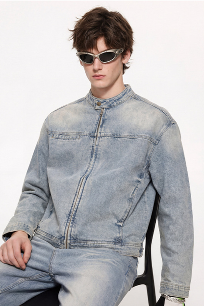 Men's 385g Washed Patchwork Denim StandCollar Zip Jacket