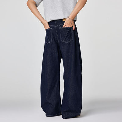 Men's Spring Indigo Raw Deconstructed Wide-Leg Denim Jeans