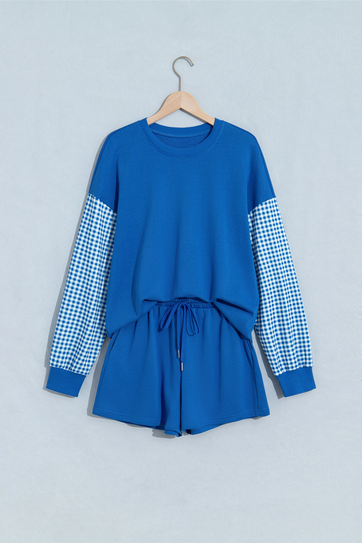Women Spring Gingham Sleeve Sweatshirt Pocket Shorts Set