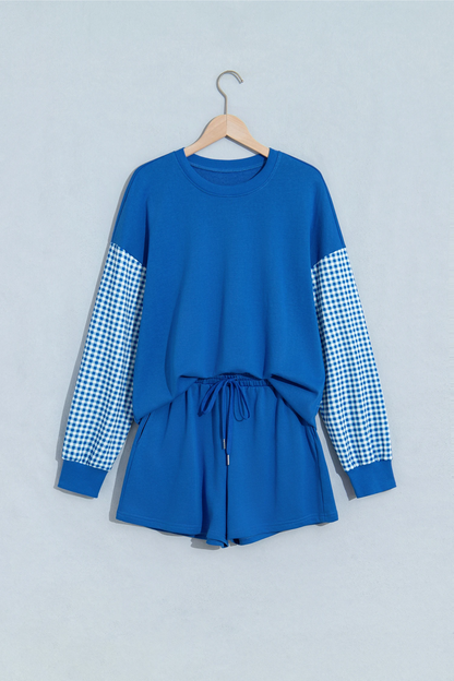 Women Spring Gingham Sleeve Sweatshirt Pocket Shorts Set
