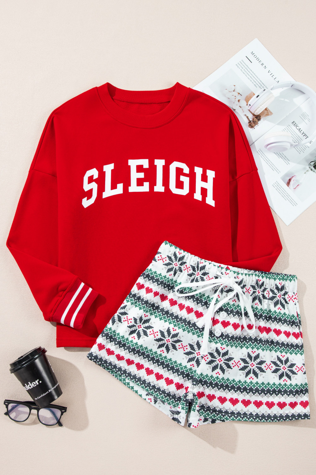 Women's Fall Christmas Letter Print Wide Short Two Piece Set