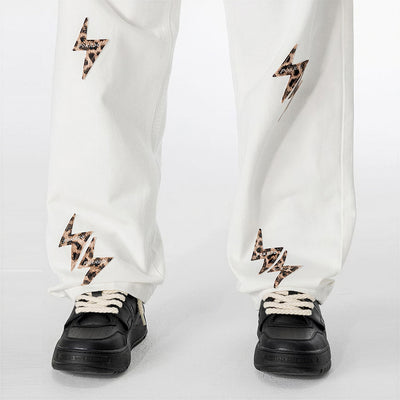 Men's Spring White Leopard Lightning Embroidery Jeans