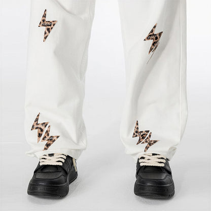Men's Spring White Leopard Lightning Embroidery Jeans