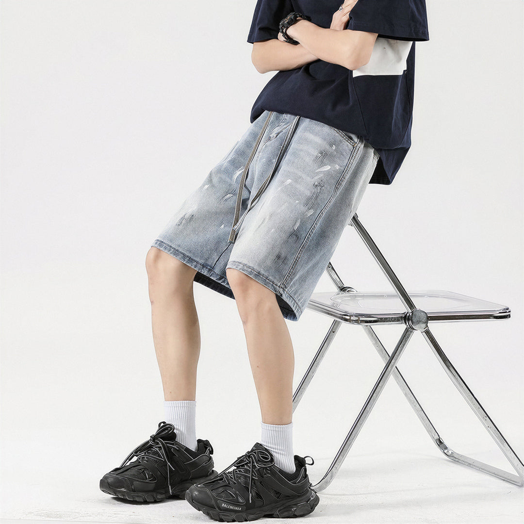 Men's Summer Light Wash Splash Ink Drawstring Denim Shorts