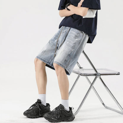 Men's Summer Light Wash Splash Ink Drawstring Denim Shorts