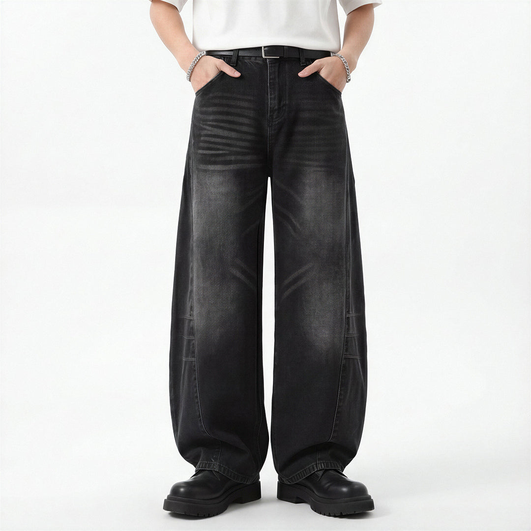 Men's Spring Black Gray Washed Cat Whisker Baggy Denim Jeans