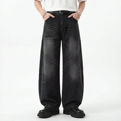 Men's Spring Black Gray Washed Cat Whisker Baggy Denim Jeans