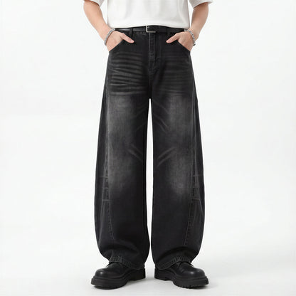 Men's Spring Black Gray Washed Cat Whisker Baggy Denim Jeans