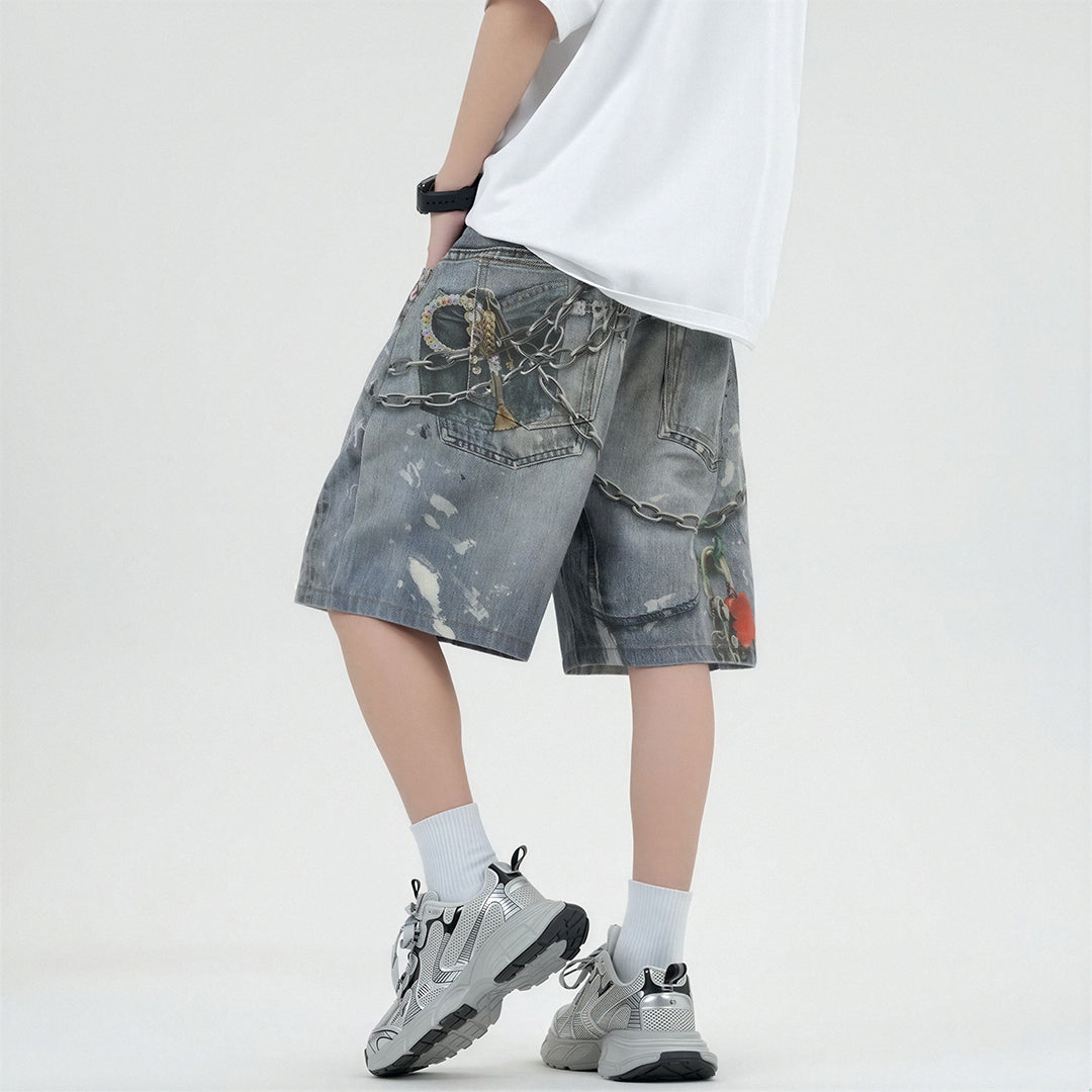 Men's Summer Vintage Washed Chain Print Baggy Denim Shorts