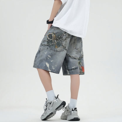 Men's Summer Vintage Washed Chain Print Baggy Denim Shorts