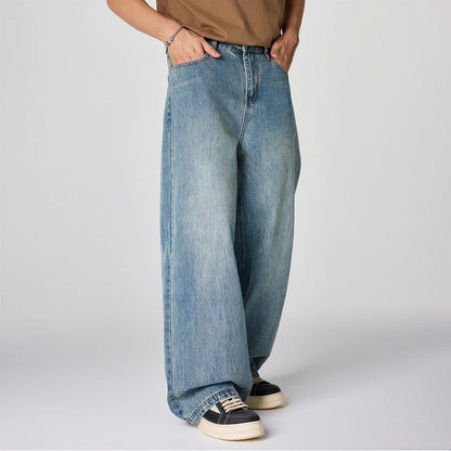 Men's Spring Light Blue Vintage Washed Wide-Leg Denim Jeans