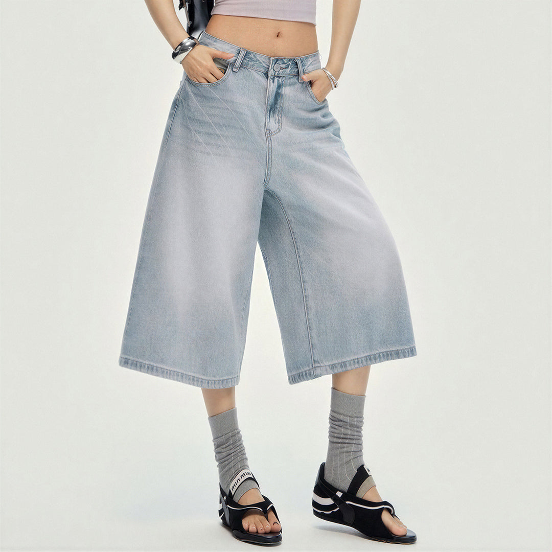 Women's Summer Gradient Washed Wide-Leg Denim Capri Pants